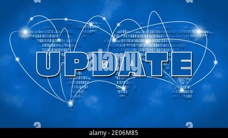 Abstract digital computer background - UPDATE lettering in front of world map background - Internet or Business Concept of Global Network Stock Photo