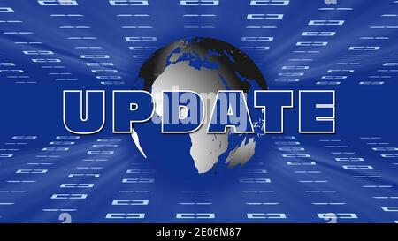 Abstract business background with UPDATE lettering - earth globe in blue virtual room with blurred digits of binary code Stock Photo