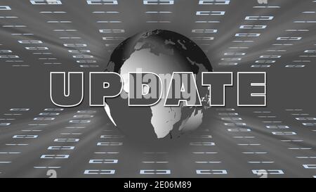 Abstract business background with UPDATE lettering - earth globe in gray virtual room with blurred digits of binary code Stock Photo