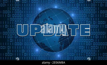 UPDATE - blue lettering in front of earth globe with satellite grid on binary code background - 3D-illustration Stock Photo