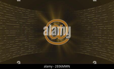 Abstract data flow background - at sign with blurred light effects in front of a virtual studio wall of binary code in dark orange color Stock Photo
