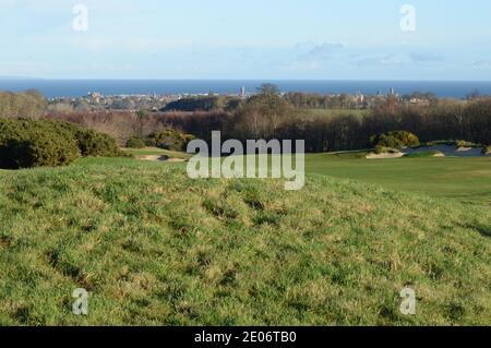 Views across the golf course from Craigtoun to St Andrews Bay on a sunny December day Stock Photo