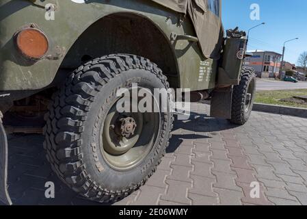 Legionowo, Poland - April 11, 2020: Willys MB, jeep - military American personal off-road car from World War II. Green car with a fabric roof. Stock Photo