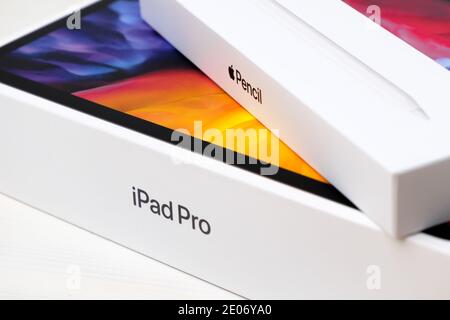iPadPro and Apple pencil boxes isolated on the white background, December 2020, San Francisco, USA. Stock Photo