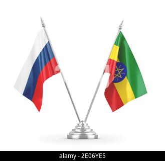 Ethiopia and Russia table flags isolated on white background 3D rendering Stock Photo