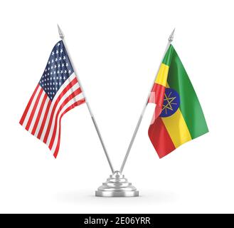 Ethiopia and United States table flags isolated on white background 3D rendering Stock Photo
