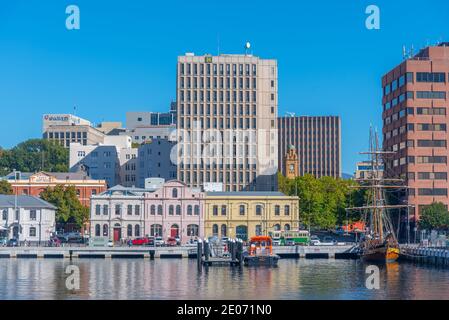 HOBART, AUSTRALIA, FEBRUARY 22, 2020: Skyline of port of Hobart in Australia Stock Photo