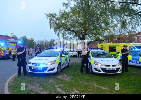 Emergency Service workers from Leicester gather at Leicester Royal Infirmary to applaud the NHS staff during clap for carers Stock Photo