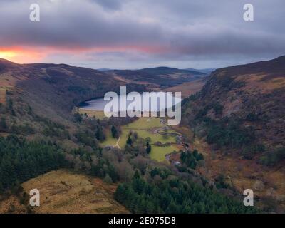 Aerial Lough Tay in Wicklow Mountains, Ireland Stock Photo