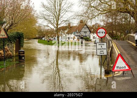 Eynsford Bridge and Ford in flood, Riverside, Eynsford, Kent Stock Photo
