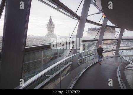 Berlin, Germany - April 26 2015: Inside the modern glass dome of the Reichstag, rebuilt in 1999, Stock Photo