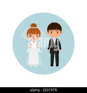 Wedding couple. Cute chibi characters groom and bride in wedding dresses. Flat cartoon style. Vector illustration Stock Vector