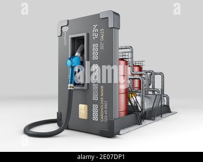 Credit card with fuel hose and petrol factory, clipping path included, 3d Rendering Stock Photo