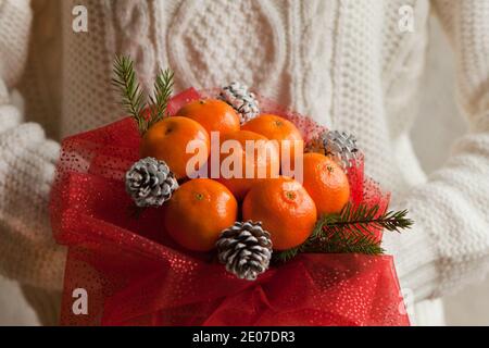 Woman hands in white sweater holding bouquet of mandarins and Christmas tree branches. New Year's edible bouquet of fruits. Gift for Christmas. DIY Stock Photo