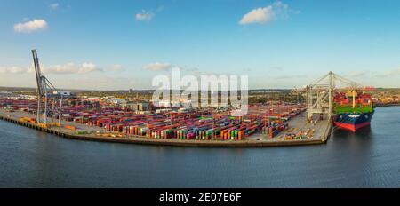 Container Ship HMM Copenhagen docked at Southampton docks, Southampton, England Stock Photo