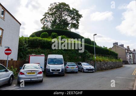 Bala; UK: Sep 20, 2020: The medieval castle mound known as Tomen y Bala is now a garden feature, open to the public. Stock Photo