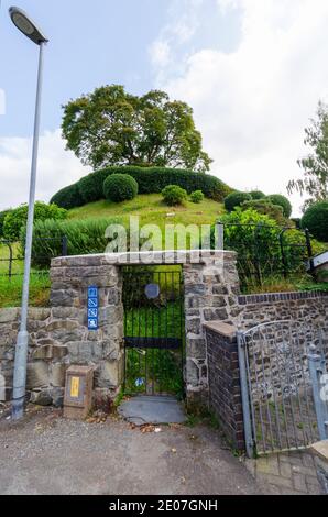 Bala; UK: Sep 20, 2020: The medieval castle mound known as Tomen y Bala is now a garden feature, open to the public. Stock Photo