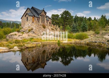 St Catherines Chapel on the Rock Church in the Rocky Mountains of Colorado, reflection in lake Stock Photo