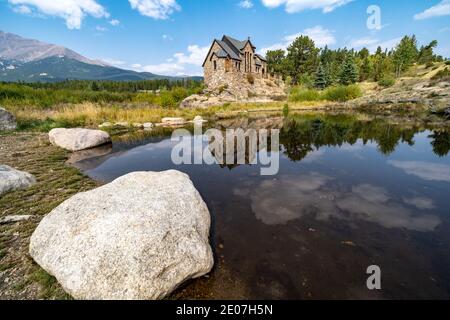 St Catherines Chapel on the Rock Church in the Rocky Mountains of Colorado, reflection in lake Stock Photo