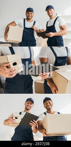 collage of cheerful multicultural movers smiling while looking at camera and holding boxes in apartment Stock Photo