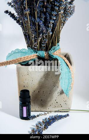 Lavender flowers in a stone vase. Stock Photo