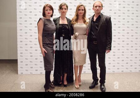 Vanessa Glodjo, Zana Marjanovic, Angelina Jolie, and Goran Kostic, pose for a photo during the 'In The Land of Blood and Honey' D.C. Premiere at the United States Holocaust Memorial Museum in Washington DC, USA on January 10, 2012. Photo by Kris Connor/ABACAUSA.COM. Stock Photo