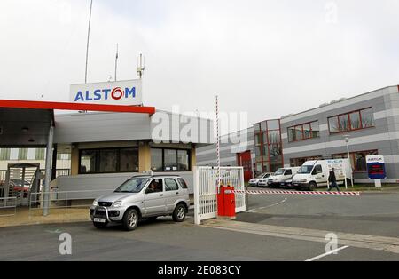 Outside view of the Alstom plant in La Rochelle-Aytre, France on January 9, 2012. French engineering group Alstom is also the manufacturer of the AGV, TGV and Eurostar high speed trains, as well as of Citadis trams. The AGV (Automotrice Grande Vitesse) train will travel at up to 360km/h (224mph), powered by motors placed under each carriage. Photo by Patrick Bernard/ABACAPRESS.COM Stock Photo