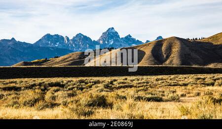 The Teton range and part of Blacktail Butte from near Gros Ventre Campground, Wyoming, USA. Stock Photo