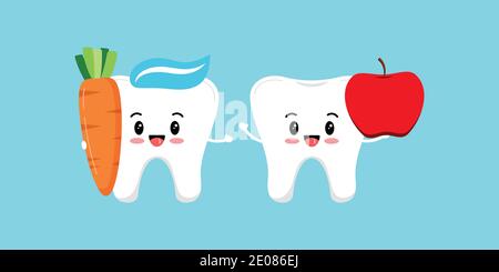 Cute tooth holds food for dental health set. Stock Vector