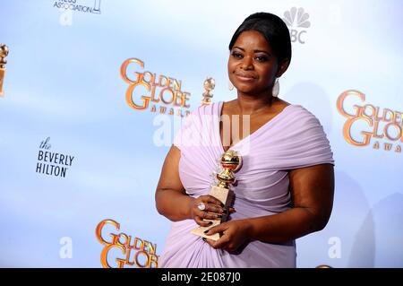 Octavia Spencer poses with the Best Performance by an Actress In A Supporting Role in a Motion Picture award in the press room at the 69th Annual Golden Globe Awards Ceremony, held at the Beverly Hilton Hotel in Los Angeles, CA, USA on January 15, 2012. Photo by Lionel Hahn/ABACAPRESS.COM Stock Photo