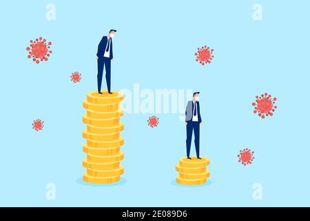 Vector of a businessman standing on a stack of coins looking at his profits going down during coronavirus pandemic Stock Vector