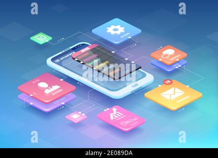 User interface and experience concept. Vector of a smartphone with mobile app icons Stock Vector