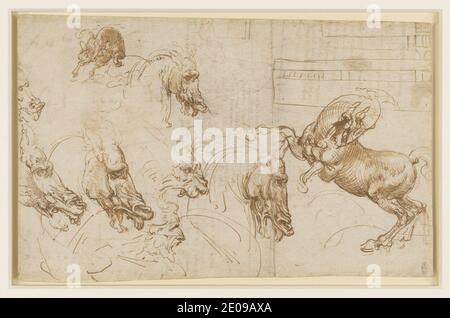 Leonardo da Vinci - Recto A rearing horse, and heads of horses, a lion and a man. Stock Photo