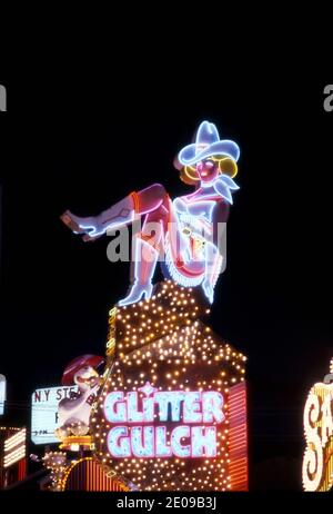 Neon cowgirl sign at Glitter gulch on Fremont Street in LasVegas, Nevada