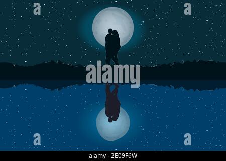 Silhouette of loving couple.Lovers at night on beautiful landscape with reflection.Moon in starry sky. Valentines Day.Happy Lovers.Vector illustration Stock Vector