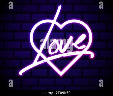 Neon realistic word 'LOVE' for advertising, vector illustration . Neon text LOVE with heart . Isolated on dark brick wall background. Stock Vector