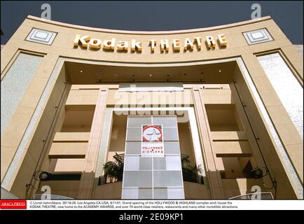 Eastman Kodak Co has asked the U.S. bankruptcy court to void an estimated 4 million Dollars-a-year contract to have its name on the Hollywood theatre that hosts the Oscars as the bankrupt photography company tries to reduce its debt it was announced February 2, 2012. File photo : © Lionel Hahn/Abaca. 30118-26. Los Angeles-CA-USA, 9/11/01. Grand opening of the HOLLYWOOD & HIGHLAND complex wich house the KODAK THEATRE, new home to the ACADEMY AWARDS, and over 70 world class retailers, restaurants and many other incredible attractions. Stock Photo