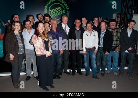 French Princess Hermine de Clermont-Tonnerre, French Agriculture and Fisheries Minister Bruno Le Maire and the casting of TV Show l'amour est dans le pre : Alexis, Benjamin, Benoit, Celine, Didier, Fabien, Jean-Claude, Jean-Michel, Karine, Loic, Matthieu, Philippe, Raymond, Sylvain and Valerie attending a party and the photography exposition of the TV Show L'Amour Est Dans Le Pre during the Paris Agricultural Fair 2012 held at the Porte de Versailles exhibition center, Paris, France on February 29, 2012. Photo by Nicolas Genin/ABACAPRESS.COM Stock Photo