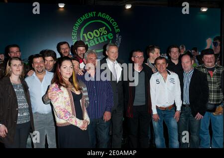 French Princess Hermine de Clermont-Tonnerre, French Agriculture and Fisheries Minister Bruno Le Maire and the casting of TV Show l'amour est dans le pre : Alexis, Benjamin, Benoit, Celine, Didier, Fabien, Jean-Claude, Jean-Michel, Karine, Loic, Matthieu, Philippe, Raymond, Sylvain and Valerie attending a party and the photography exposition of the TV Show L'Amour Est Dans Le Pre during the Paris Agricultural Fair 2012 held at the Porte de Versailles exhibition center, Paris, France on February 29, 2012. Photo by Nicolas Genin/ABACAPRESS.COM Stock Photo