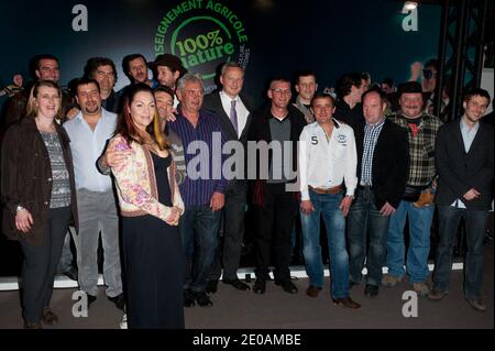 French Princess Hermine de Clermont-Tonnerre, French Agriculture and Fisheries Minister Bruno Le Maire and the casting of TV Show l'amour est dans le pre : Alexis, Benjamin, Benoit, Celine, Didier, Fabien, Jean-Claude, Jean-Michel, Karine, Loic, Matthieu, Philippe, Raymond, Sylvain and Valerie attending a party and the photography exposition of the TV Show L'Amour Est Dans Le Pre during the Paris Agricultural Fair 2012 held at the Porte de Versailles exhibition center, Paris, France on February 29, 2012. Photo by Nicolas Genin/ABACAPRESS.COM Stock Photo