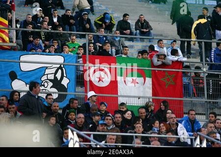 Olympique de Marseille's fans raising the flags of three Maghreb countries : Tunisia, Algeria and Morocco during the French First League Soccer match, Olympique de Marseille Vs Toulouse FC at Velodrome Stadium in Marseille, France on March 3, 2012. Toulouse won 1-0. Photo by Michel Clementz/ABACAPRESS.COM Stock Photo