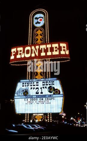 Large neon sign for the Frontier Hotel on the Strip in Las Vegas, Nevada