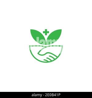 hand shake deal plus medical herbal symbol logo vector Stock Vector
