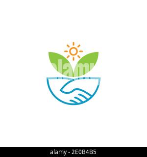 sun leaf hand care shake natural symbol logo vector Stock Vector