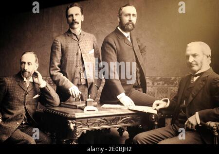 Photograph of (L-R) Gustav Wolff, W.H. Wilson, William Pirrie and Sir Edward Harland, the four men who created the shibuilding Empire in Belfast on display at the TITANICa exhibition at the Transport Museum in Belfast, UK in March 2012. Photo by David Lefranc/ABACAPRESS.COM Stock Photo