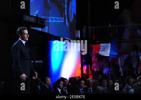 French incumbent President and UMP ruling candidate for 2012 presidential election Nicolas Sarkozy is pictured during a campaign meeting in Elancourt, France on March 28, 2012. Photo by Mousse/ABACAPRESS.COM Stock Photo
