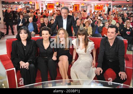 Juliette Greco, Juliette Binoche, Michel Drucker, Sylvie Testud, singer Camille (real name Camille Dalmais) and Camille Artichaut, brother of Juliette Binoche, at the taping of Vivement Dimanche on February 1, 2012 in Paris, France. Photo by Max Colin/ABACAPRESS.COM Stock Photo