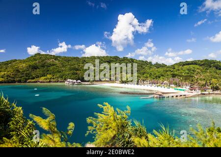 View of lagoon and white sand beach, Palau Pacific Resort, Island of Ngerekebesang,also Arakabesan island, Koror, Palau, Micronesia, Oceania Stock Photo