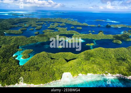 Aerial view of the Rock Islands, over archipelago of Mecherchar island, or Eil Malk, Koror, Palau, Micronesia, Oceania Stock Photo