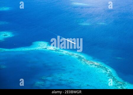 Aerial view of coral reef and boat, the Rock Islands, over Omekang Islands, Koror, Palau, Micronesia, Oceania